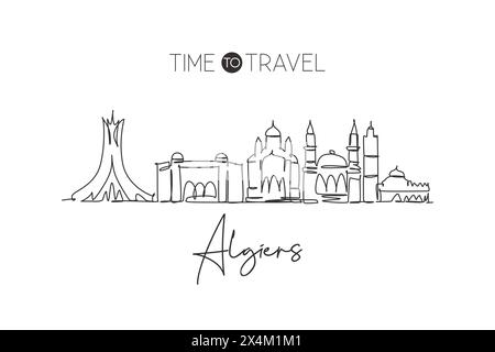 Single continuous line drawing of Algiers city skyline, Algeria. Famous city scraper landscape home wall decor poster print art. World travel concept. Stock Vector