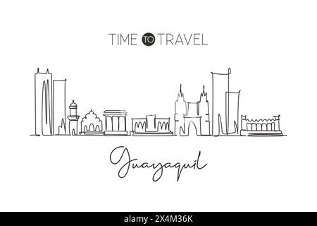 Single continuous line drawing Guayaquil city skyline Ecuador. Famous city scraper landscape postcard. World travel destination concept. Editable stro Stock Vector