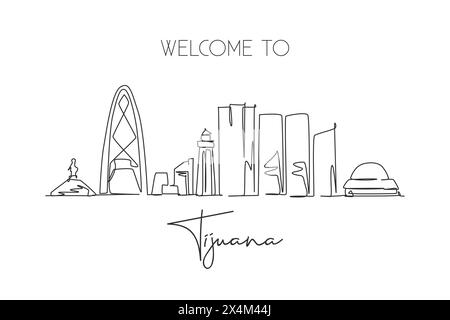 One continuous line drawing Tijuana city skyline, Mexico. Beautiful landmark postcard. World landscape tourism and travel vacation. Editable stylish s Stock Vector