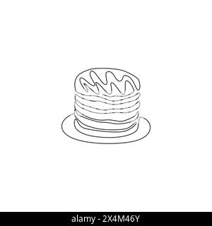 One continuous line drawing of fresh delicious American pancake piled restaurant logo emblem. Breakfast food cafe shop logotype template concept. Mode Stock Vector
