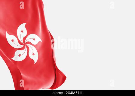 National flag of Hong Kong flutters in the wind. Wavy Hong Kong Flag. Close-up front view. Stock Photo
