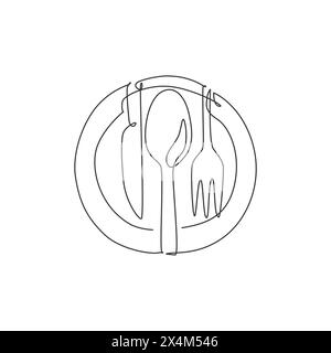 One single line drawing of plate knife, fork and knife for restaurant logo vector illustration graphic. Luxury cafe badge concept. Modern continuous l Stock Vector