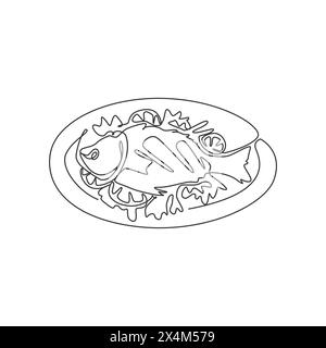 One continuous line drawing fresh delicious baked sea fish on plate restaurant logo emblem. Seafood menu cafe shop logotype template concept. Modern s Stock Vector