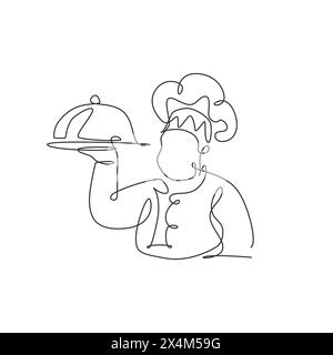 Single continuous line drawing of stylized man chef serving food for restaurant logo label. Food cafe mascot concept. Modern one line draw design vect Stock Vector