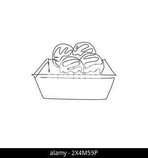 One single line drawing of fresh Japanese takoyaki ball logo vector graphic illustration. Seafood cafe menu and restaurant badge concept. Modern conti Stock Vector