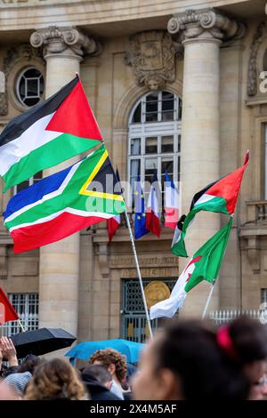 Palestinian, South African, and Algerian flags are waved by protesters ...