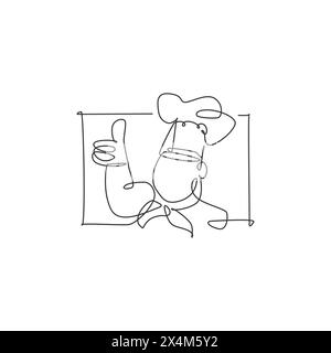 Single continuous line drawing of stylized chef man character mascot with thumbs up finger gesture logo label. Emblem restaurant concept. Modern one l Stock Vector