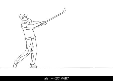 One single line drawing of young sporty golf player hit the ball using golf club vector graphic illustration. Healthy sport concept. Modern continuous Stock Vector