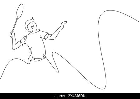 One continuous line drawing of young male badminton player hit shuttlecock with racket. Competitive sport concept. Dynamic single line draw design vec Stock Vector