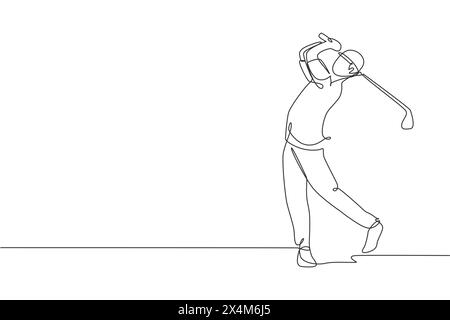 One single line drawing of young sporty golf player hit the ball using golf club graphic vector illustration. Healthy sport concept. Modern continuous Stock Vector