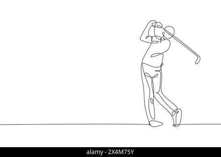 One single line drawing of young sporty golf player hit the ball using golf club vector illustration graphic. Healthy sport concept. Modern continuous Stock Vector