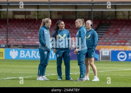 Crawley, UK. 04th May, 2024. Crawley, England, May 4th 2024: Aston Villa players inspect the pitch ahead of the Barclays Womens Super League game between Brighton and Aston Villa at Broadfield Stadium, Crawley. (Tom Phillips/SPP) Credit: SPP Sport Press Photo. /Alamy Live News Stock Photo