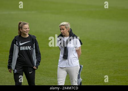 Crawley, UK. 04th May, 2024. Crawley, England, May 4th 2024: Aston Villa manager Carla Ward ahead of the Barclays Womens Super League game between Brighton and Aston Villa at Broadfield Stadium, Crawley. (Tom Phillips/SPP) Credit: SPP Sport Press Photo. /Alamy Live News Stock Photo