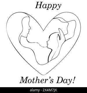 Happy Mother day card. Continuous out line drawing. Woman hold her baby inside heart. Vector illustration Stock Vector