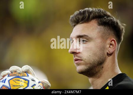 DORTMUND - Borussia Dortmund goalkeeper Marcel Lotka during the UEFA Champions League semi-final match between Borussia Dortmund and Paris Saint Germain at Signal Iduna Park on May 1, 2024 in Dortmund, Germany. ANP / Hollandse Hoogte / BART STOUTJESDIJK Stock Photo