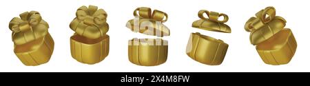 3d gift boxes set with gold ribbon bow isolated on a white background. 3d render flying modern holiday closed surprise box. Realistic vector icon for Stock Vector