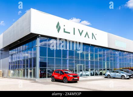 Samara, Russia - April 16, 2024: Car showroom of a Chinese brand Livan. Official dealership sign of Livan on the wall of the office building Stock Photo