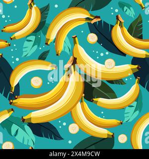 Vector seamless pattern with yellow bananas and green leaves. Isolated illustration on blue background. Summer fruit design for fabric, textiles, bed Stock Vector