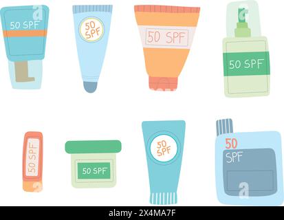 Set of SPF tubes and bottles Stock Vector