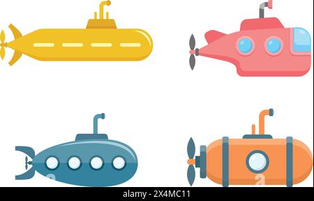 Submarine icon in flat style. Bathyscaphe vector illustration on isolated background. Underwater transport sign business concept. Stock Vector