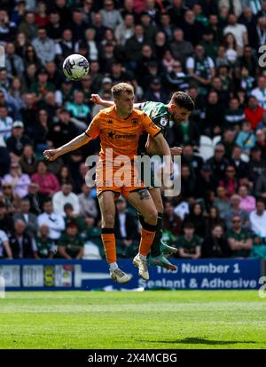 Plymouth Argyle's Joe Edwards scoring his sides first goal during the Sky Bet Championship match at Home Park, Plymouth. Picture date: Saturday May 4, 2024. Stock Photo