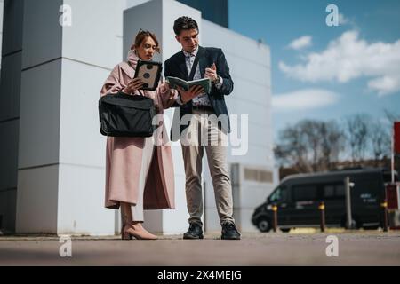 Young business partners analyzing data on tablet in urban setting Stock Photo
