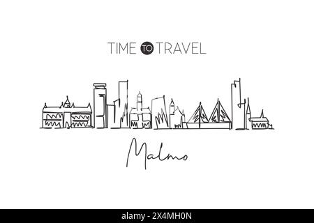 Single continuous line drawing of Malmo skyline, Sweden. Famous city scraper landscape. World travel destination home decor wall poster print concept. Stock Vector