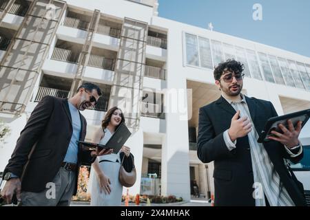 Business colleagues walking and discussing in the city Stock Photo