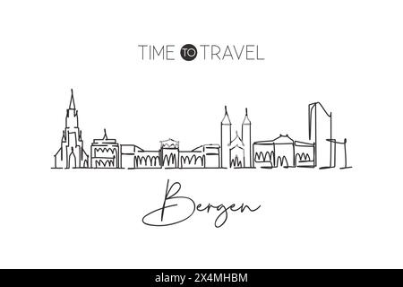 Single continuous line drawing of Bergen city skyline, Norway. Famous ...
