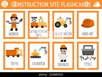 Vector construction site flash cards set with trucks, workers, tools, hard hat. English language game with industrial transport for kids. Vehicles fla Stock Vector