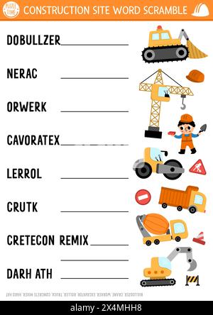 Vector construction site word scramble activity page. English language game with cars, trucks for kids. Special transport family quiz with industrial Stock Vector