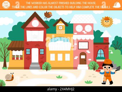 Construction site drawing, coloring, tracing and writing practice activity with house. Finish the building puzzle. Printable worksheet, game for kids Stock Vector