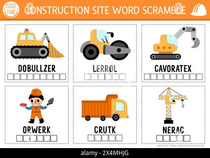 Vector construction site word scramble activity page. English language game cards with cars, trucks for kids. Special transport family quiz with indus Stock Vector