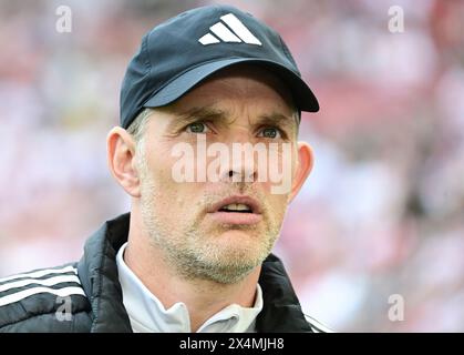 Stuttgart, Germany. 04th May, 2024. Soccer: Bundesliga, VfB Stuttgart - Bayern Munich, Matchday 32, MHPArena. Munich coach Thomas Tuchel. Credit: Bernd Weißbrod/dpa - IMPORTANT NOTE: In accordance with the regulations of the DFL German Football League and the DFB German Football Association, it is prohibited to utilize or have utilized photographs taken in the stadium and/or of the match in the form of sequential images and/or video-like photo series./dpa/Alamy Live News Stock Photo