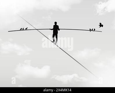 A tightrope walker concentrates as bird land on his balance pole in an illustration about focus and staying on task despite distractions. Stock Photo