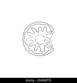 One single line drawing of fresh sweet donuts store logo graphic vector illustration. Doughnut fast food cafe menu and restaurant badge concept. Moder Stock Vector