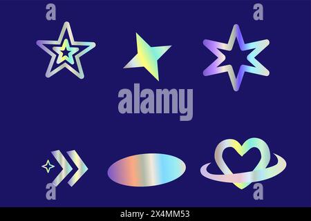 Y2k elements set with gradient, 2000s holographic stickers in retro 00s style. Can use for vector futuristic banner, poster, greeting card. Abstract a Stock Vector