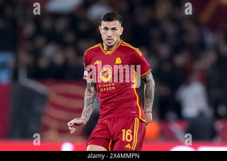 Leandro Paredes of AS Roma during the UEFA Europa League 2023/24 Semi-Final first leg match between AS Roma and Bayer 04 Leverkusen at Stadio Olimpico on May 2, 2024 in Rome, Italy. Stock Photo