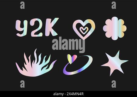 Y2k elements set with gradient, 2000s holographic stickers in retro 00s style. Can use for vector futuristic banner, poster, greeting card. Abstract a Stock Vector