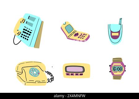 90s retro elements set or 80s, or y2k elements, retro style, game and music items. Can use for stickers, banner, greeting card. Stock Vector