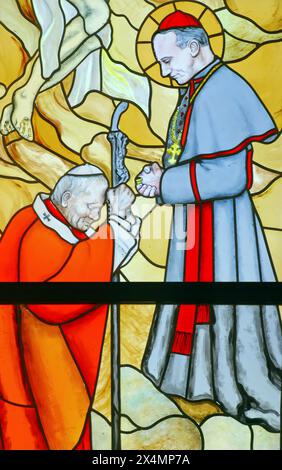 Pope John Paul II and Blessed Aloysius Stepinac, stained glass window in the church of St. Anthony of Padua and Virgin Mary Queen of the Martyrs in La Stock Photo