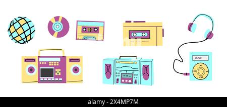 90s retro elements set or 80s, or y2k elements, retro style, game and music items. Can use for stickers, banner, greeting card. Stock Vector