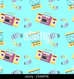 90s retro element seamless pattern, retro style, game and music items. Can use for stickers, banner, greeting card. wallpaper, textile, music backgrou Stock Vector