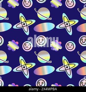 2000s pattern with hologram stickers, smiling, quotes and shining shapes. y2k elements seamless pattern or background. Futuristic retro design. Stock Vector