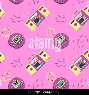 90s retro element seamless pattern, retro style, game and music items. Can use for stickers, banner, greeting card. wallpaper, textile, music backgrou Stock Vector