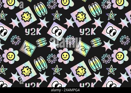 2000s pattern with hologram stickers, smiling, quotes and shining shapes. y2k elements seamless pattern or background. Futuristic retro design. Stock Vector