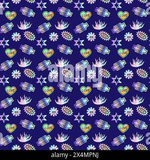 2000s pattern with hologram stickers, smiling, quotes and shining shapes. y2k elements seamless pattern or background. Futuristic retro design. Stock Vector