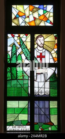 Saint Marko Krizin, stained glass window in the parish church of Saint Anthony of Padua in Sesvetska Sela, Croatia Stock Photo