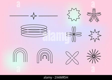 y2k retro elements set, 90s or 2000s elements of stars and shapes in minimalistic boho style on gradient blurred background Stock Vector