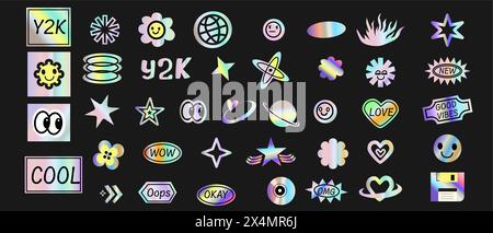 Y2k elements set with gradient, 2000s holographic stickers in retro 00s style. Can use for vector futuristic banner, poster, greeting card. Abstract a Stock Vector